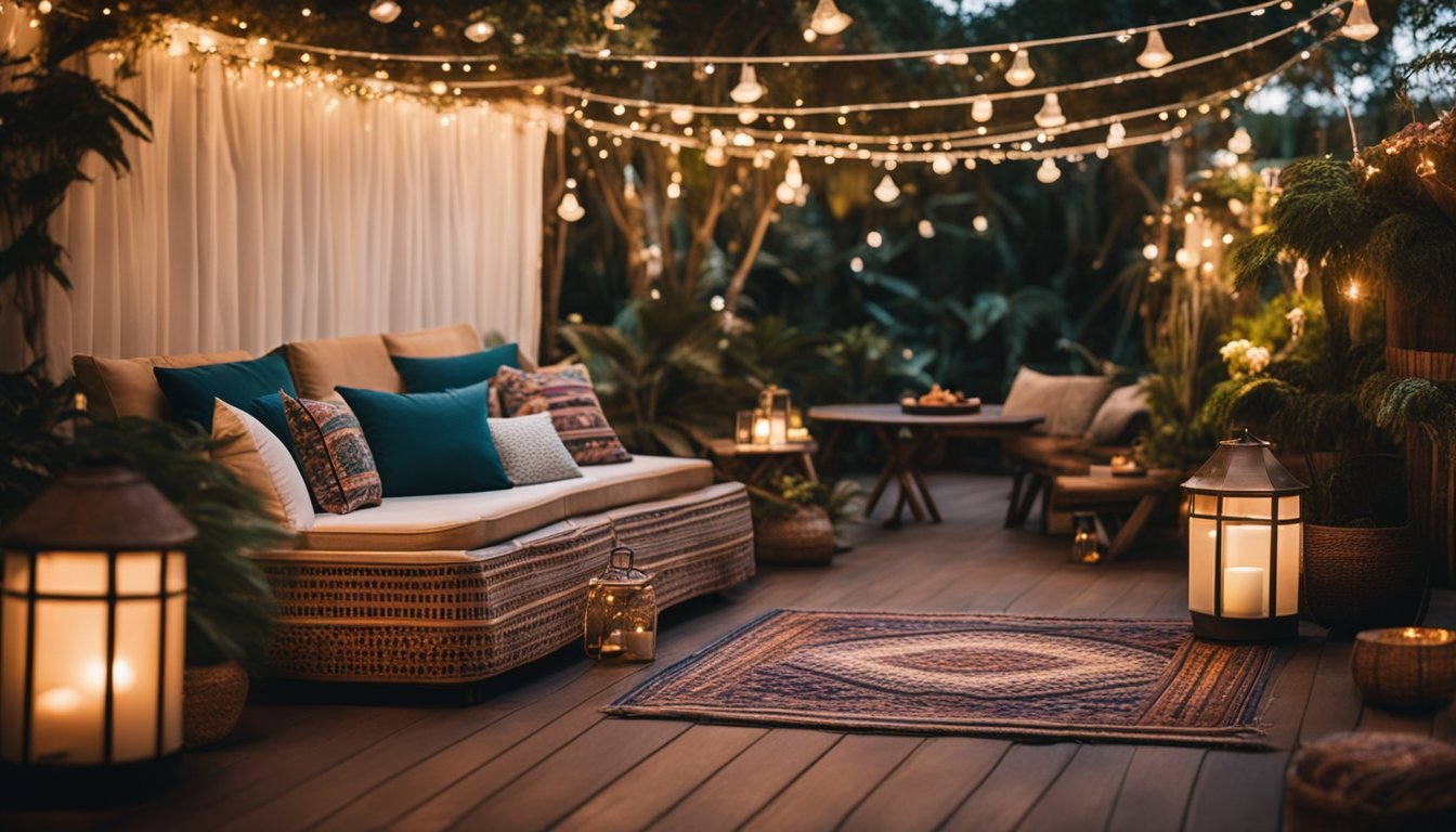 A garden hot tub surrounded by twinkling fairy lights, tropical plants, and colorful lanterns. A cozy seating area with bohemian rugs and cushions completes the inviting atmosphere