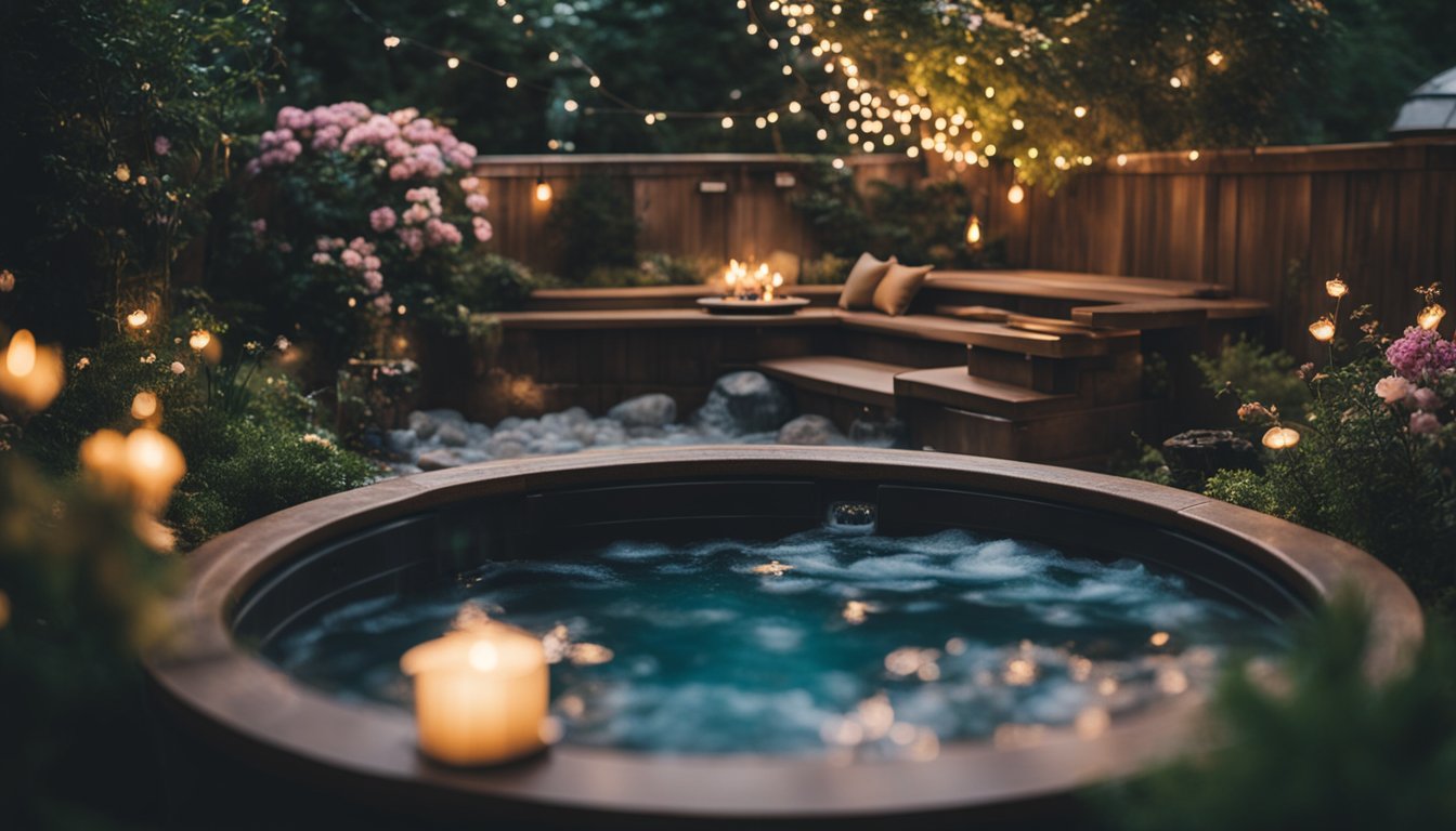 A hot tub nestled in a lush garden, surrounded by twinkling fairy lights and vibrant flowers. Steam rises from the bubbling water, creating a cozy and inviting atmosphere for a gathering