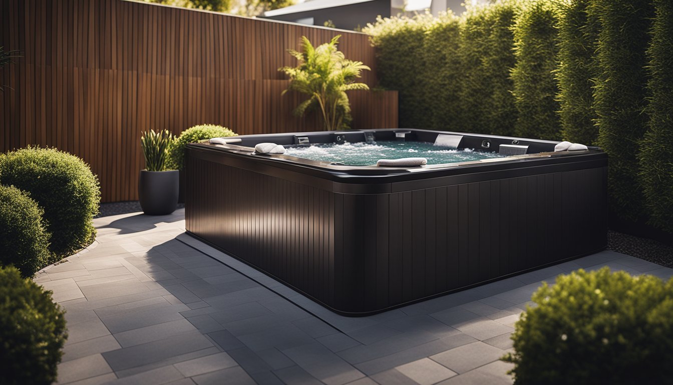 A modern outdoor spa with sleek design nestled in a lush garden, surrounded by contemporary landscaping and ambient lighting