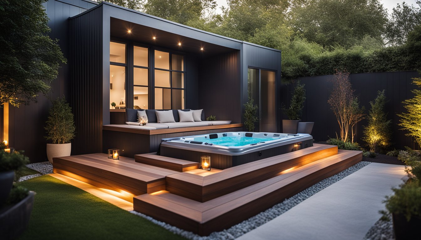 A modern hot tub surrounded by sleek, minimalist garden features. Trendy lighting and comfortable seating complete the contemporary outdoor oasis