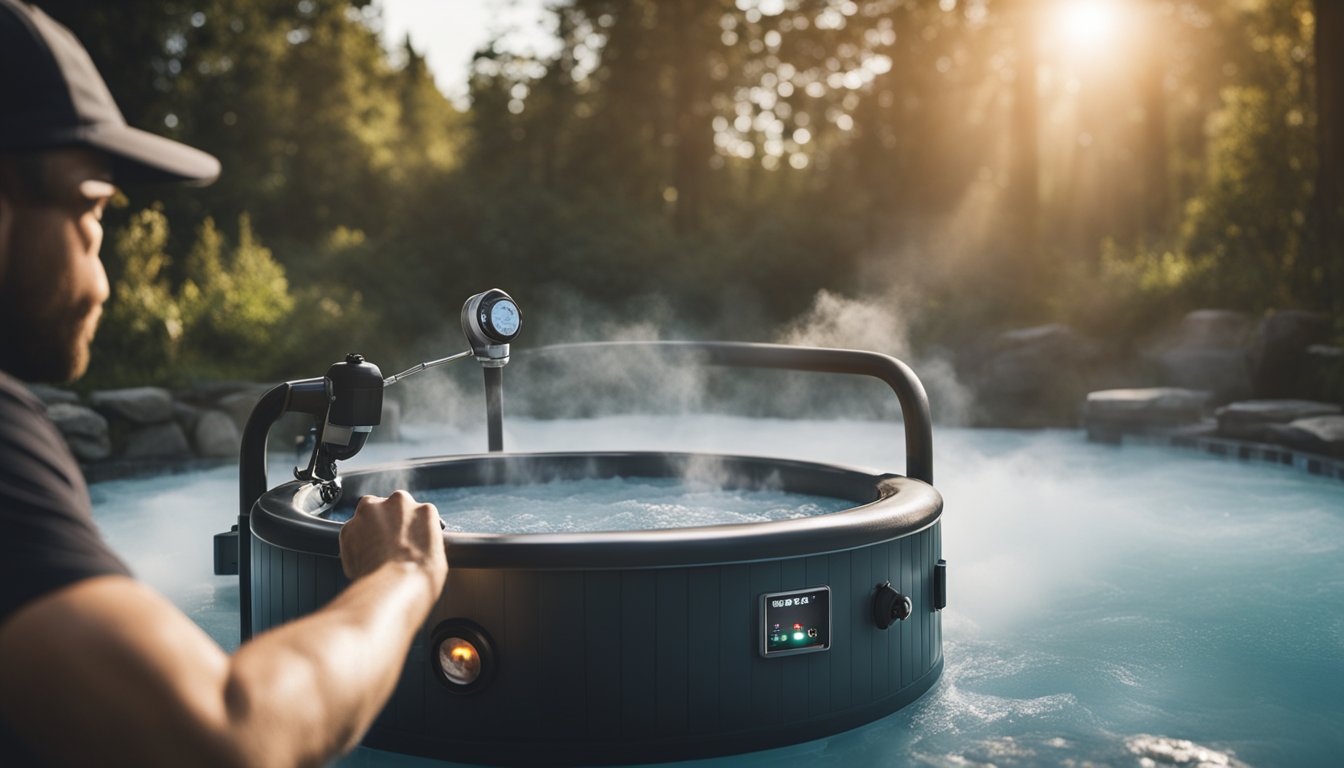 A hot tub with steam rising, water level indicator, and a control panel with error codes displayed. A technician holding a toolkit nearby