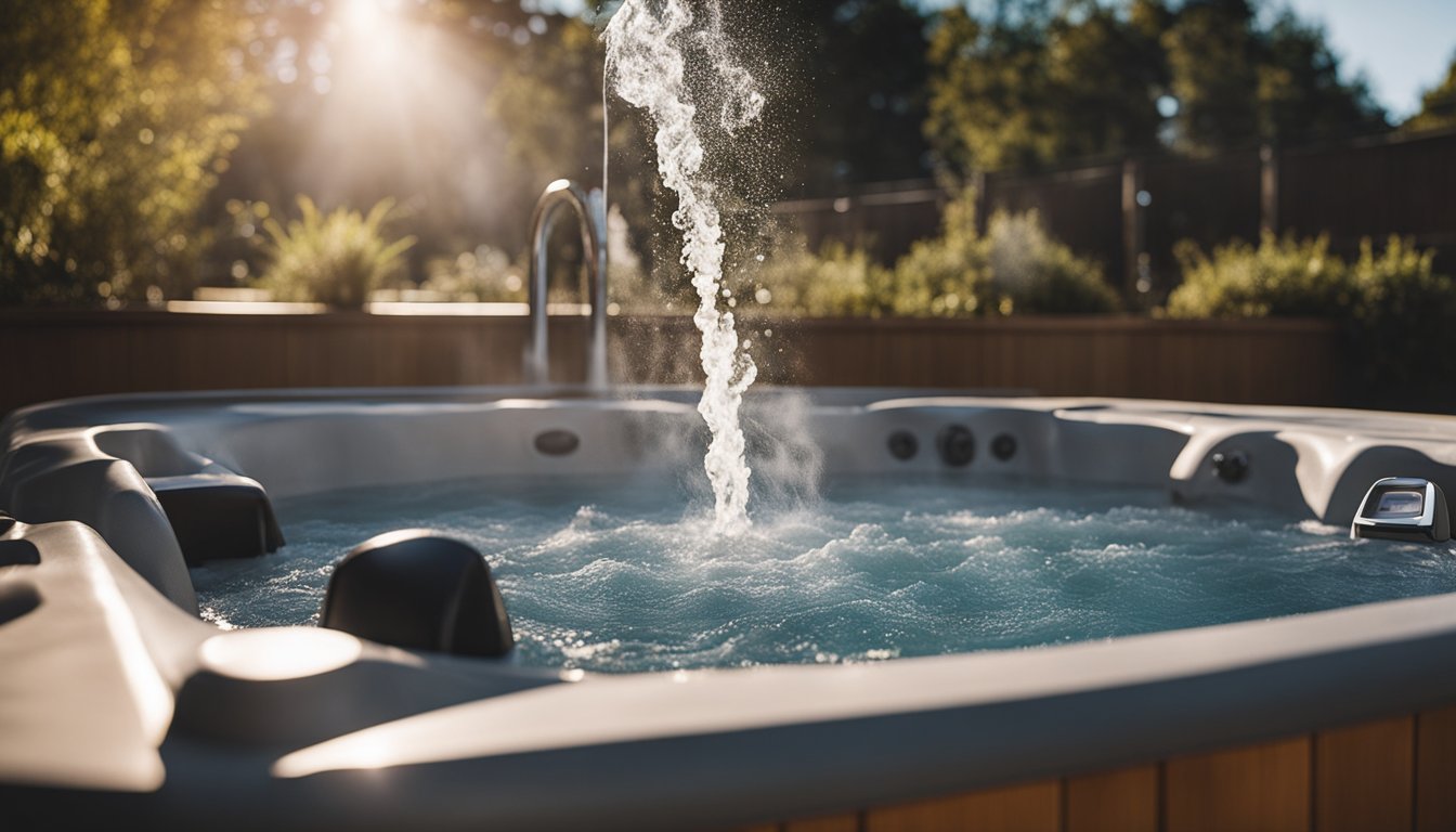 A hot tub with open panel revealing internal components. Tools and parts scattered nearby. Steam rising. Troubleshooting manual on the side