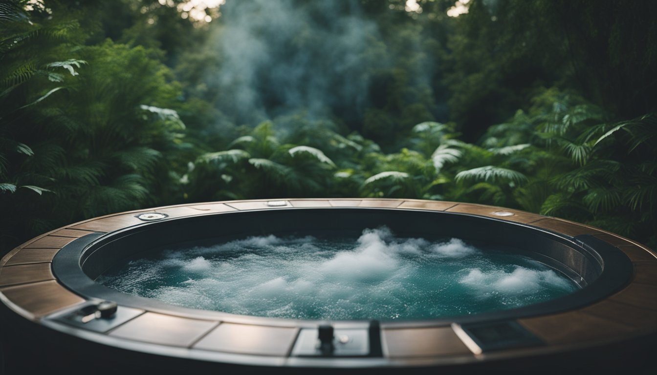 A serene hot tub surrounded by lush greenery, with steam rising from the bubbling water. A starry night sky overhead adds to the tranquil atmosphere