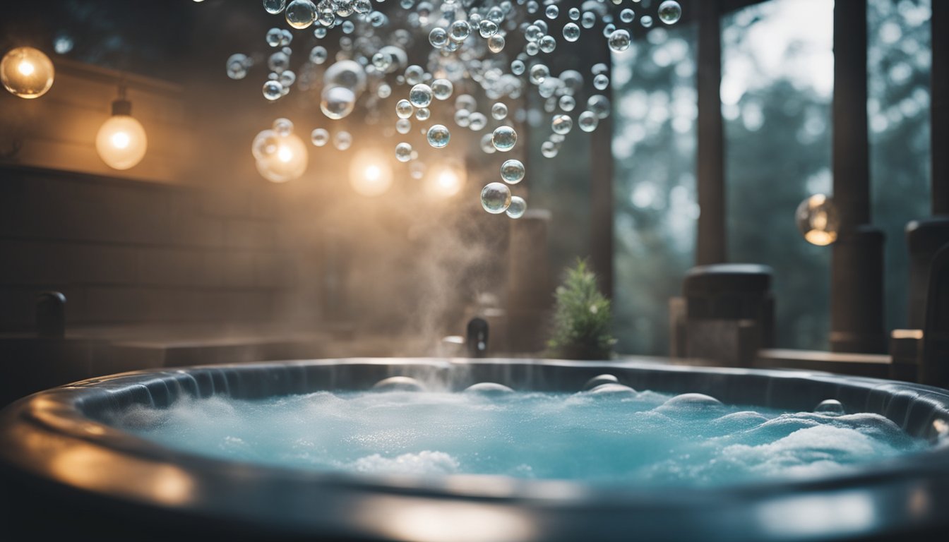 A hot tub surrounded by swirling myths and facts, with question marks floating above it. Steam rises and bubbles pop, adding to the mysterious atmosphere