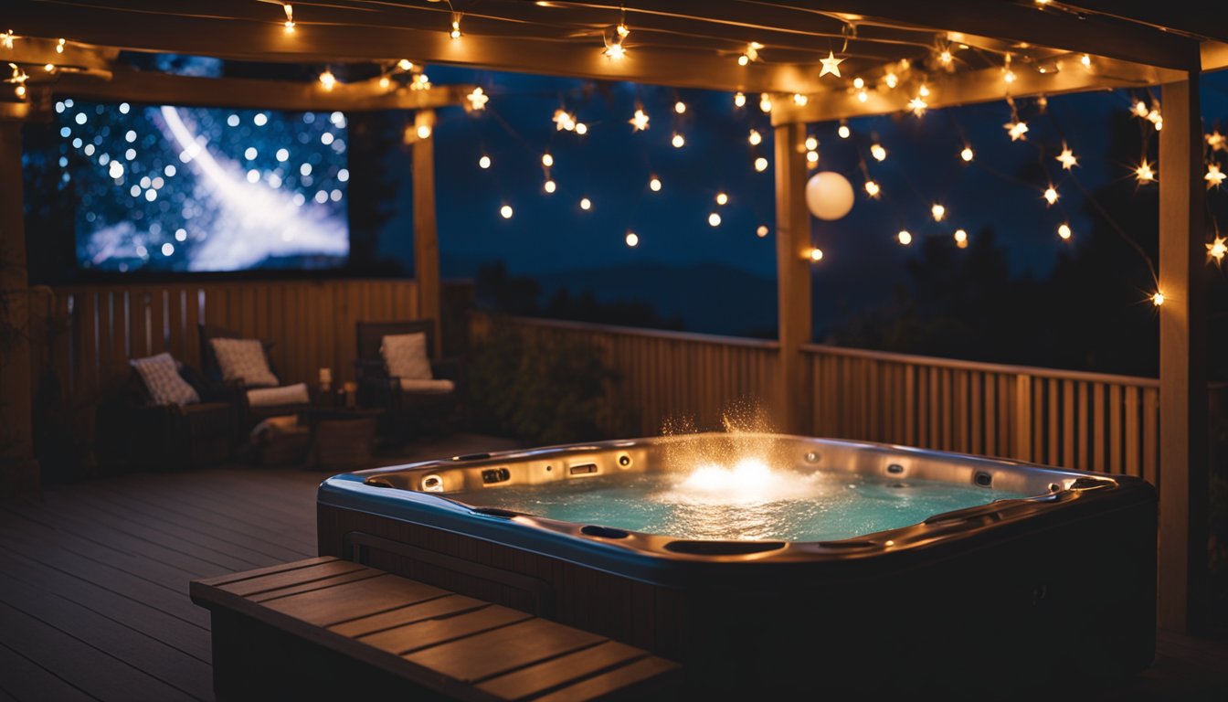 A hot tub sits under the stars, surrounded by twinkling lights and cozy blankets. A projector beams a movie onto a makeshift screen, while snacks and drinks are within reach