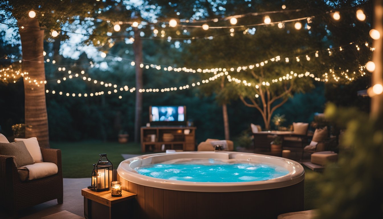 A cozy hot tub nestled in a lush backyard, surrounded by twinkling string lights and plush cushions. A large screen is set up for outdoor movie viewing, with snacks and drinks within easy reach