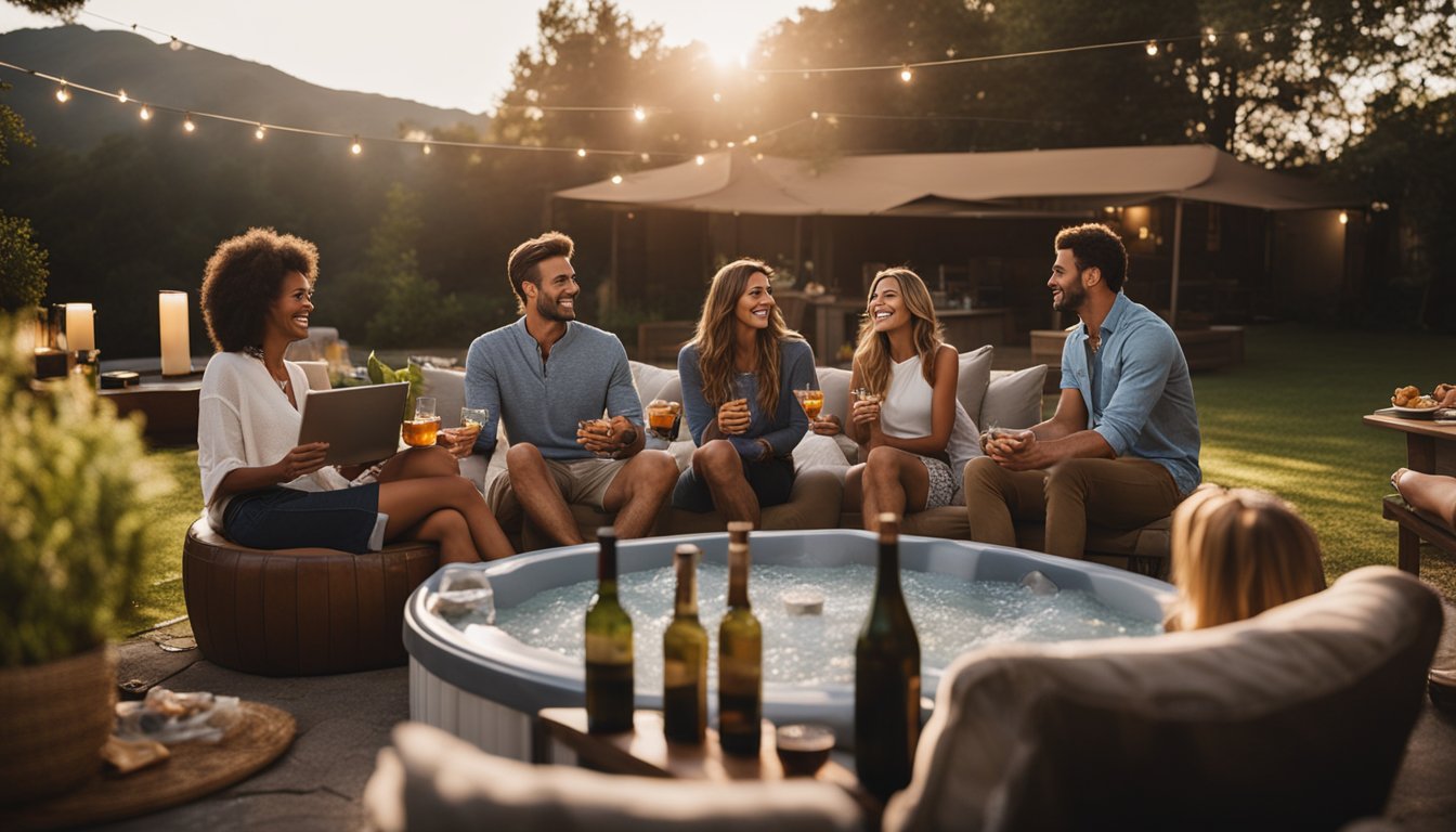 A group of friends gathers around a bubbling hot tub, with a projector screen set up for a movie night. Snacks and drinks are laid out on a nearby table, creating a cozy and inviting atmosphere