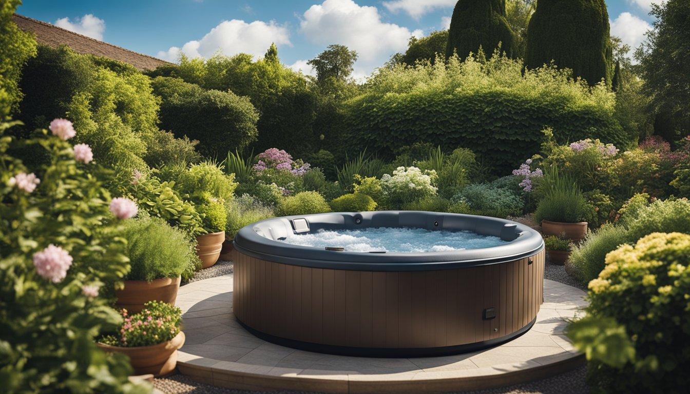 Lush garden with a hot tub as the focal point. Surrounding plants and flowers create a serene oasis. Blue skies and sunshine add to the tranquil atmosphere