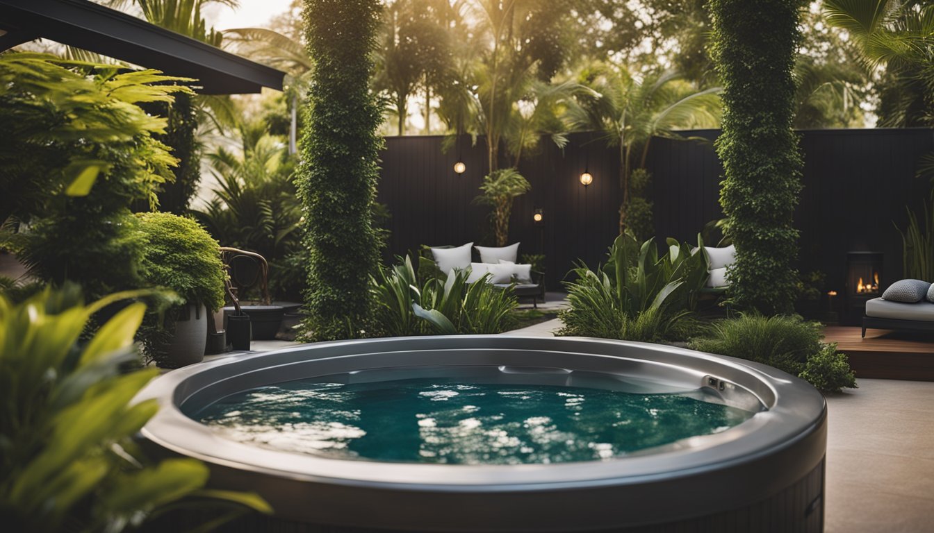 Lush greenery surrounds a luxurious hot tub oasis, with elegant accessories and beautiful decor creating a tranquil and inviting atmosphere