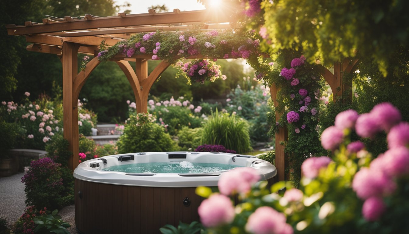 A lush garden with a bubbling hot tub nestled among vibrant flowers and lush greenery, with a pergola overhead and soft lighting creating a tranquil oasis