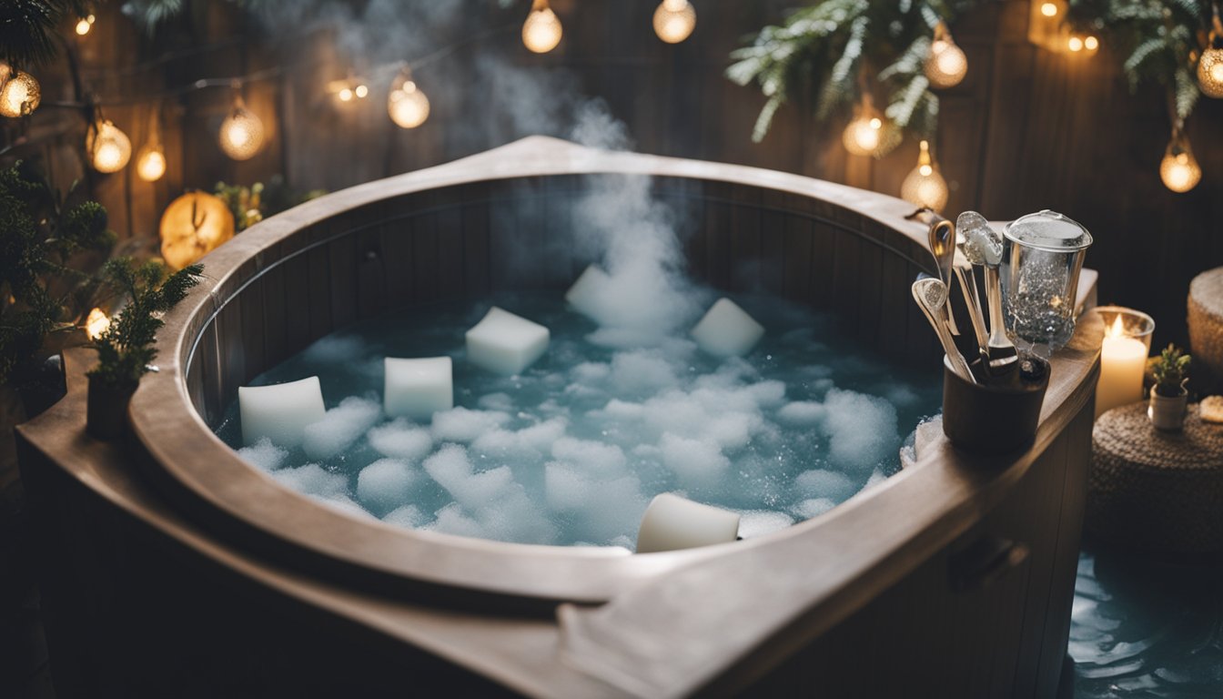 A hot tub with steam rising, surrounded by empty glasses and party decorations. A person cleaning the tub with a brush and hose