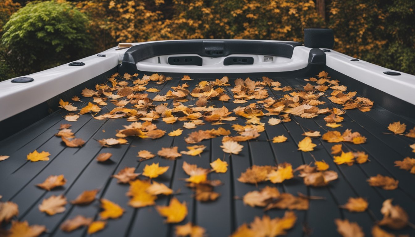 A hot tub cover is being removed, revealing debris and water. Cleaning supplies and a scrub brush are nearby. Fallen leaves and dirt surround the tub