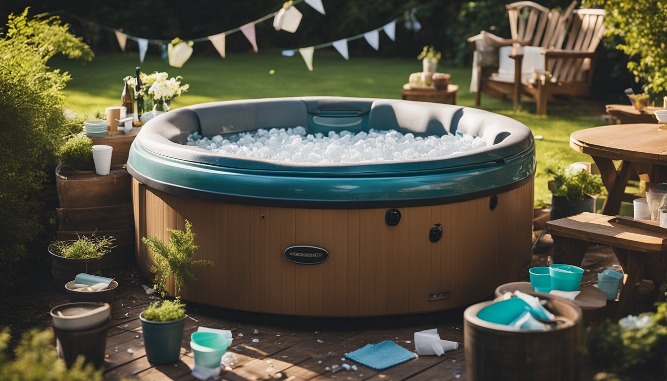 A hot tub surrounded by empty party cups and scattered garden debris, with a cleaning brush and supplies nearby