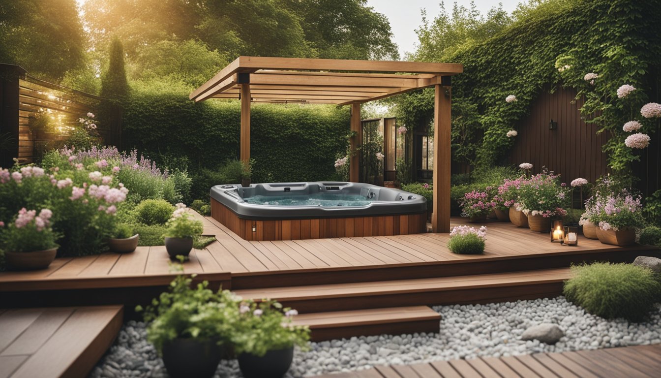 A small garden with a hot tub surrounded by blooming flowers, lush greenery, and decorative stones. A wooden deck and cozy seating area complete the tranquil scene