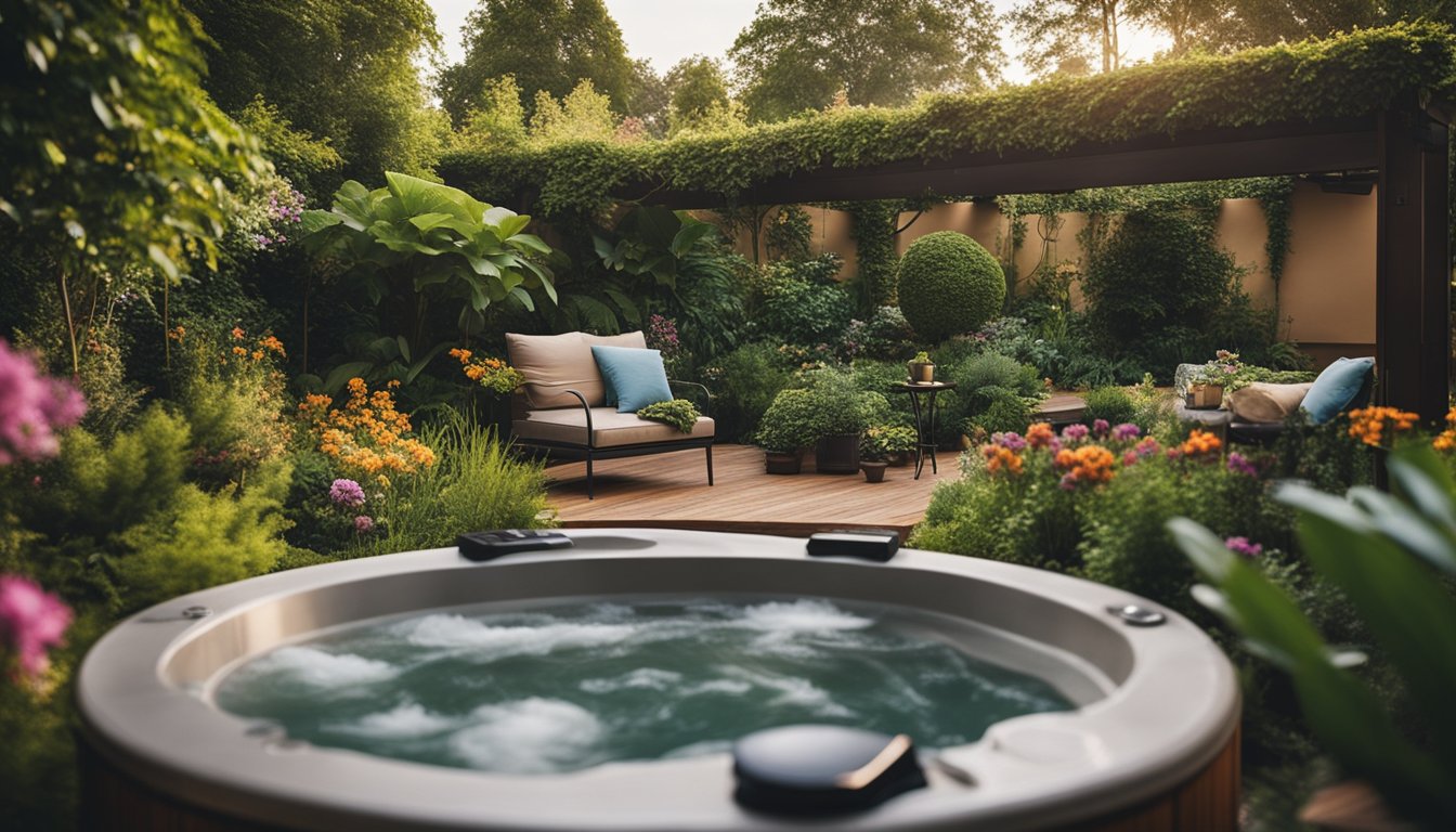 A small garden with a hot tub surrounded by lush greenery, colorful flowers, and comfortable seating, creating a serene and inviting atmosphere