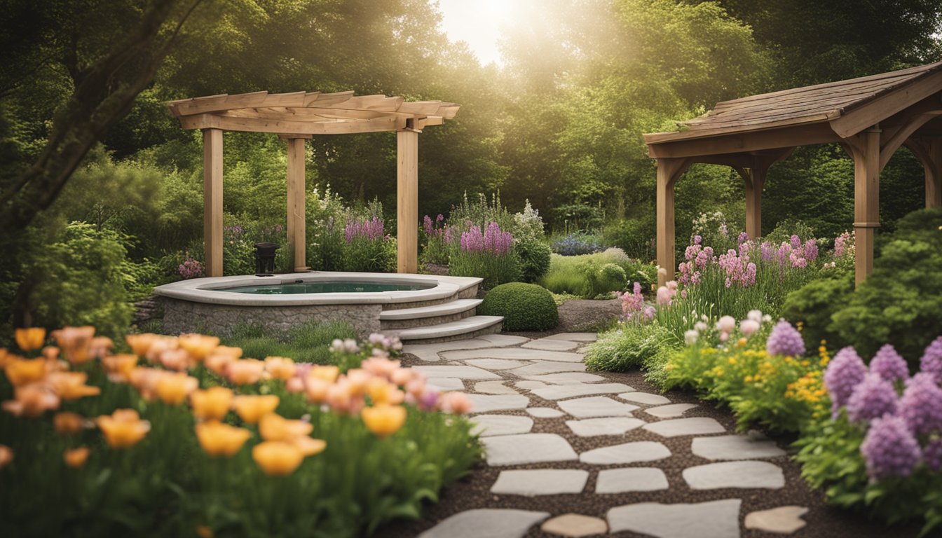 A small garden with a hot tub surrounded by vibrant spring flowers and lush greenery. A pergola provides shade, and a stone pathway leads to the relaxing oasis