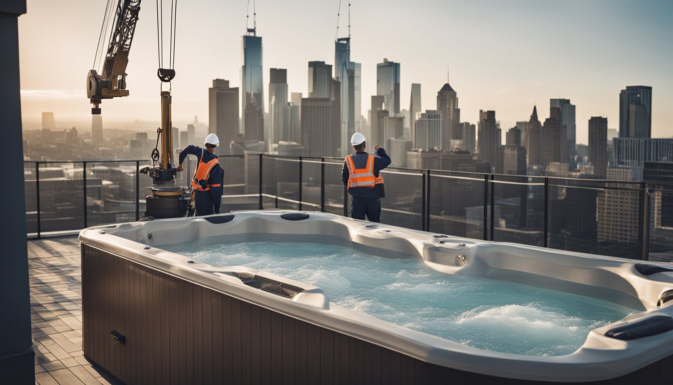 A rooftop hot tub being installed with a crane lifting it onto the building. Workers securing the tub in place as the city skyline stretches out in the background