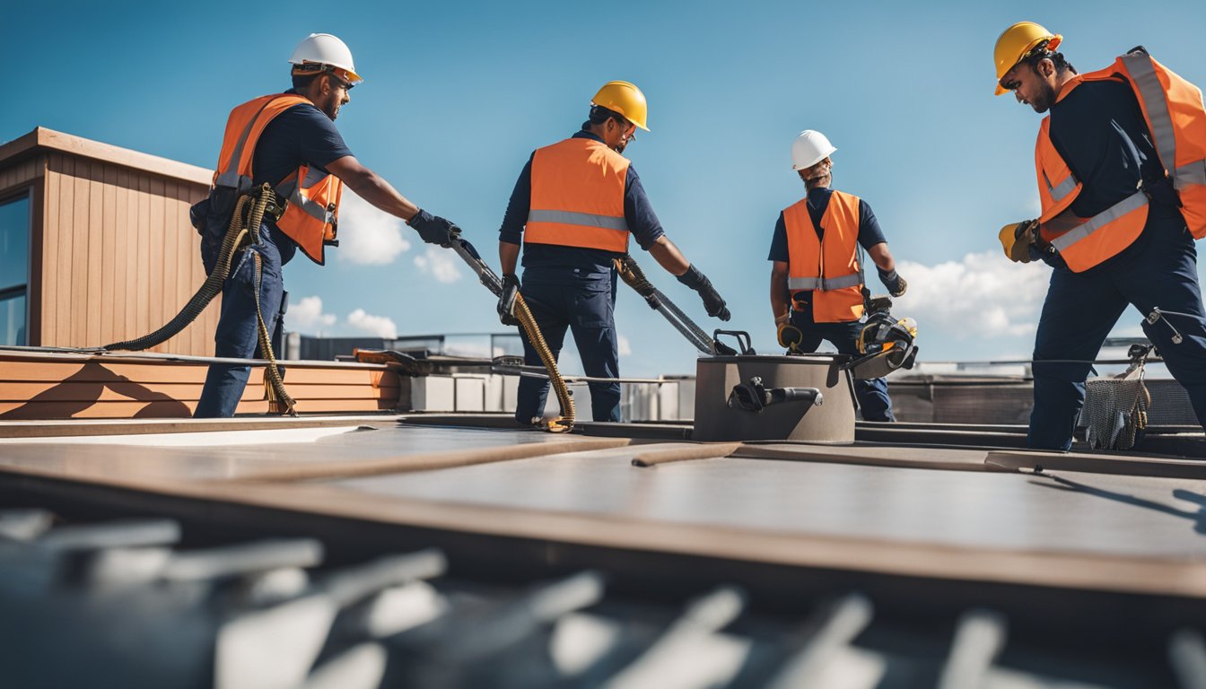 A rooftop with a hot tub being installed, workers carrying tools and materials, safety harnesses, and a clear blue sky in the background