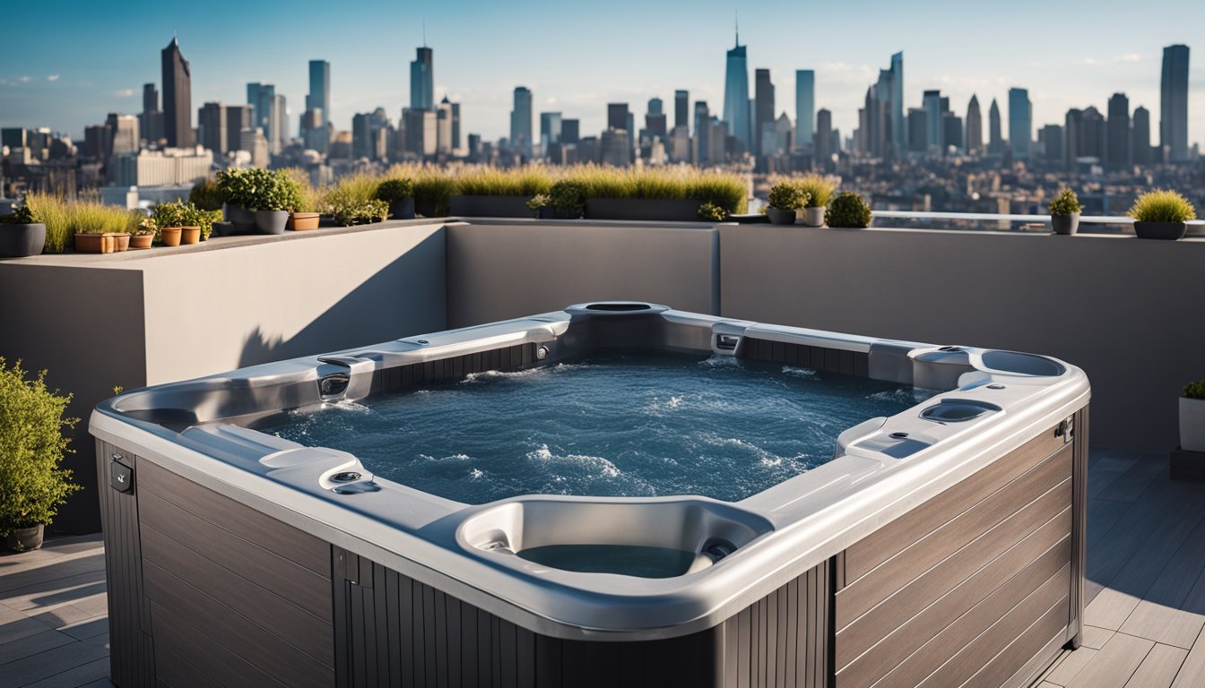 A rooftop with a luxurious hot tub being installed, surrounded by a city skyline and a clear blue sky