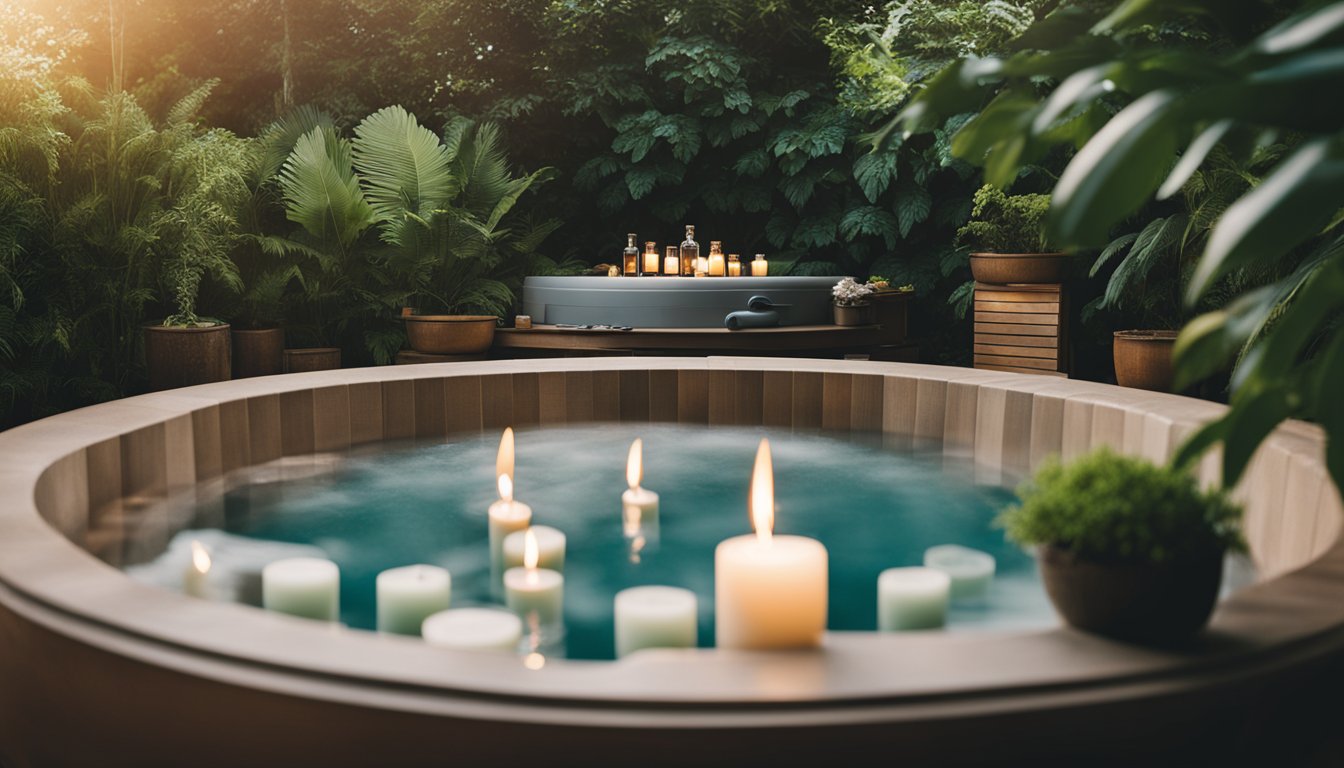 A hot tub surrounded by lush greenery, with a variety of essential oils and scented candles on a nearby table, creating a tranquil and inviting atmosphere