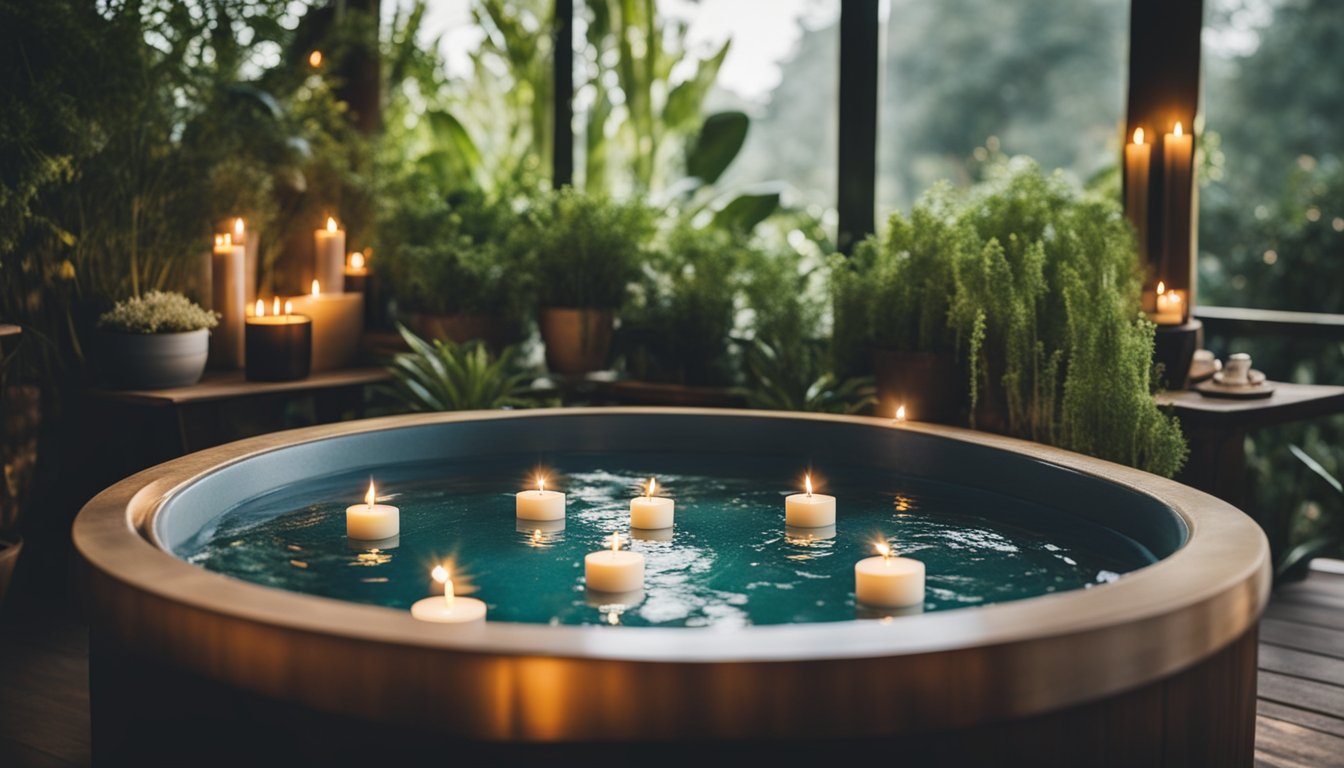 A hot tub surrounded by aromatic candles and plants, with a variety of essential oils displayed nearby. Steam rises from the water, creating a relaxing atmosphere