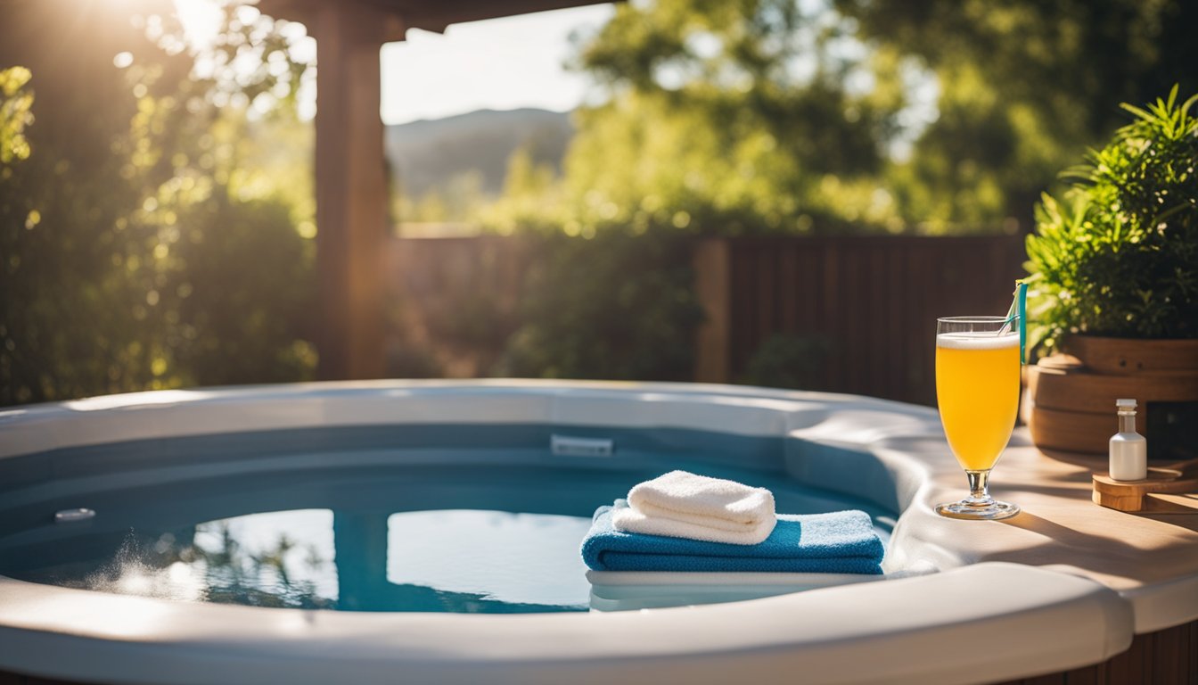 A hot tub with cover, steps, and chemicals nearby. A thermometer, skimmer, and brush hang on the wall. A cozy seating area with towels and a drink holder