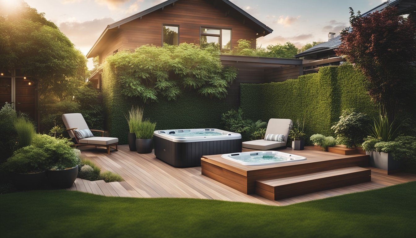 A cozy backyard with a modern hot tub surrounded by lush greenery and comfortable seating. The hot tub is equipped with essential accessories like a cover lifter, steps, and water care products