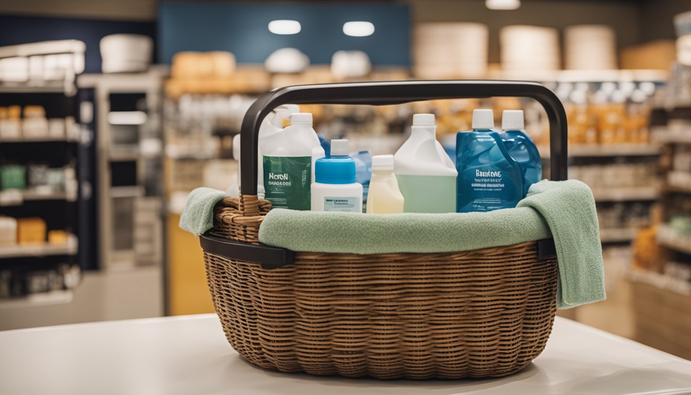 A person carrying a basket filled with hot tub essentials, such as water treatment chemicals, towels, and a floating drink holder, approaches a display of hot tub covers and accessories at a store