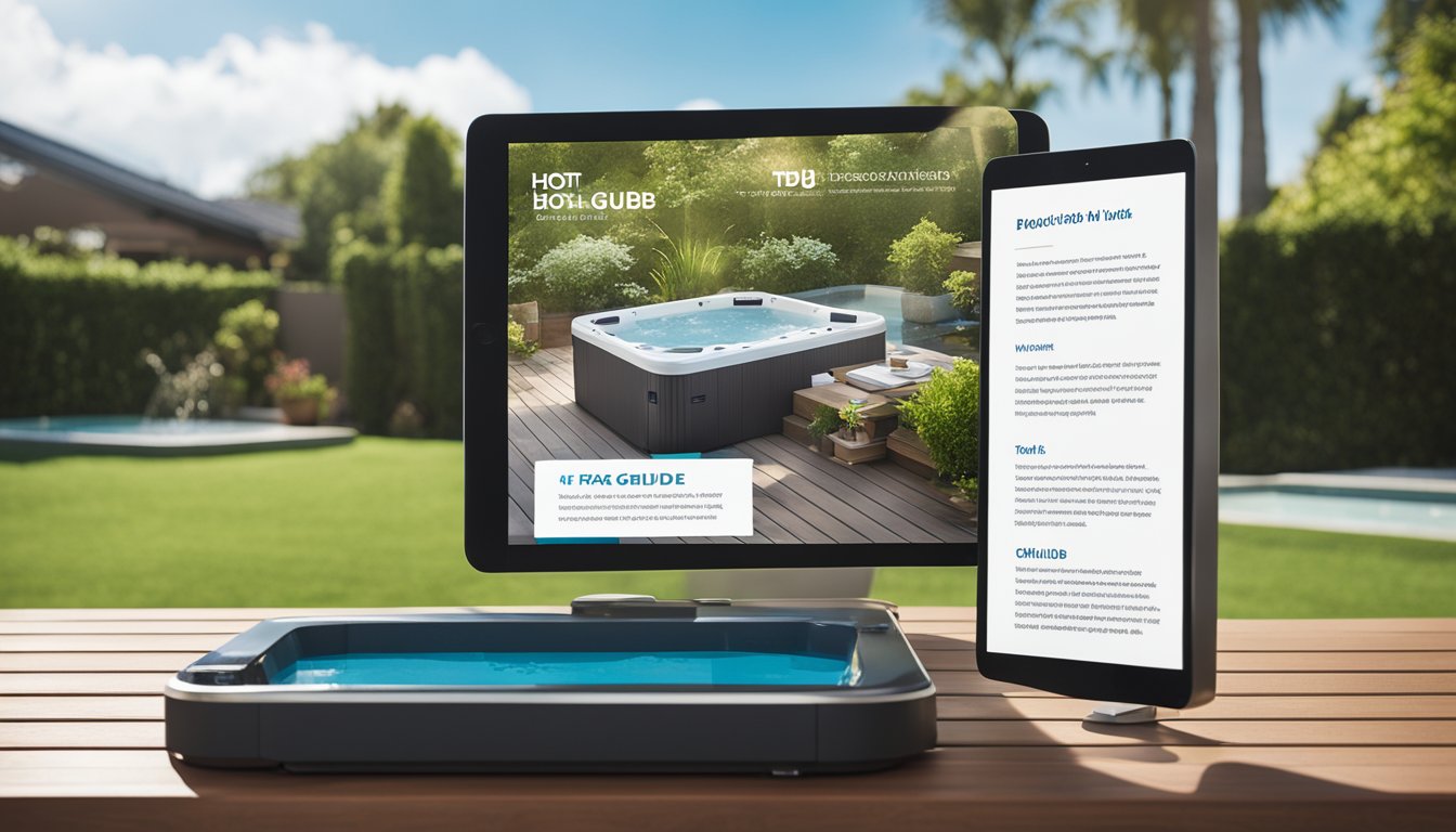 A serene backyard with a modern hot tub surrounded by lush greenery and a clear blue sky. A stack of brochures and a tablet with "FAQ Hot Tub Buying Guide" displayed on the screen sit on a nearby table