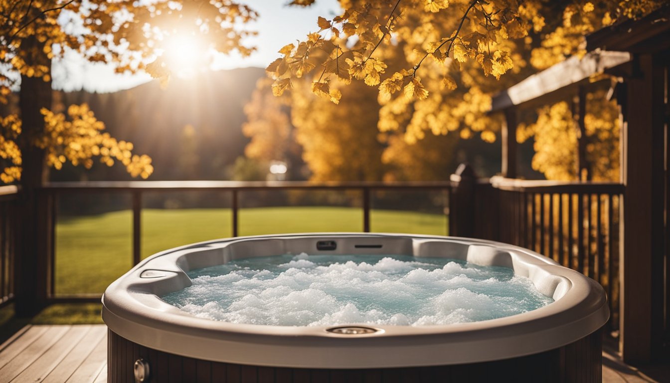 A hot tub set against a backdrop of changing seasons, with temperature settings displayed for each one. Winter snow, spring flowers, summer sun, and autumn leaves