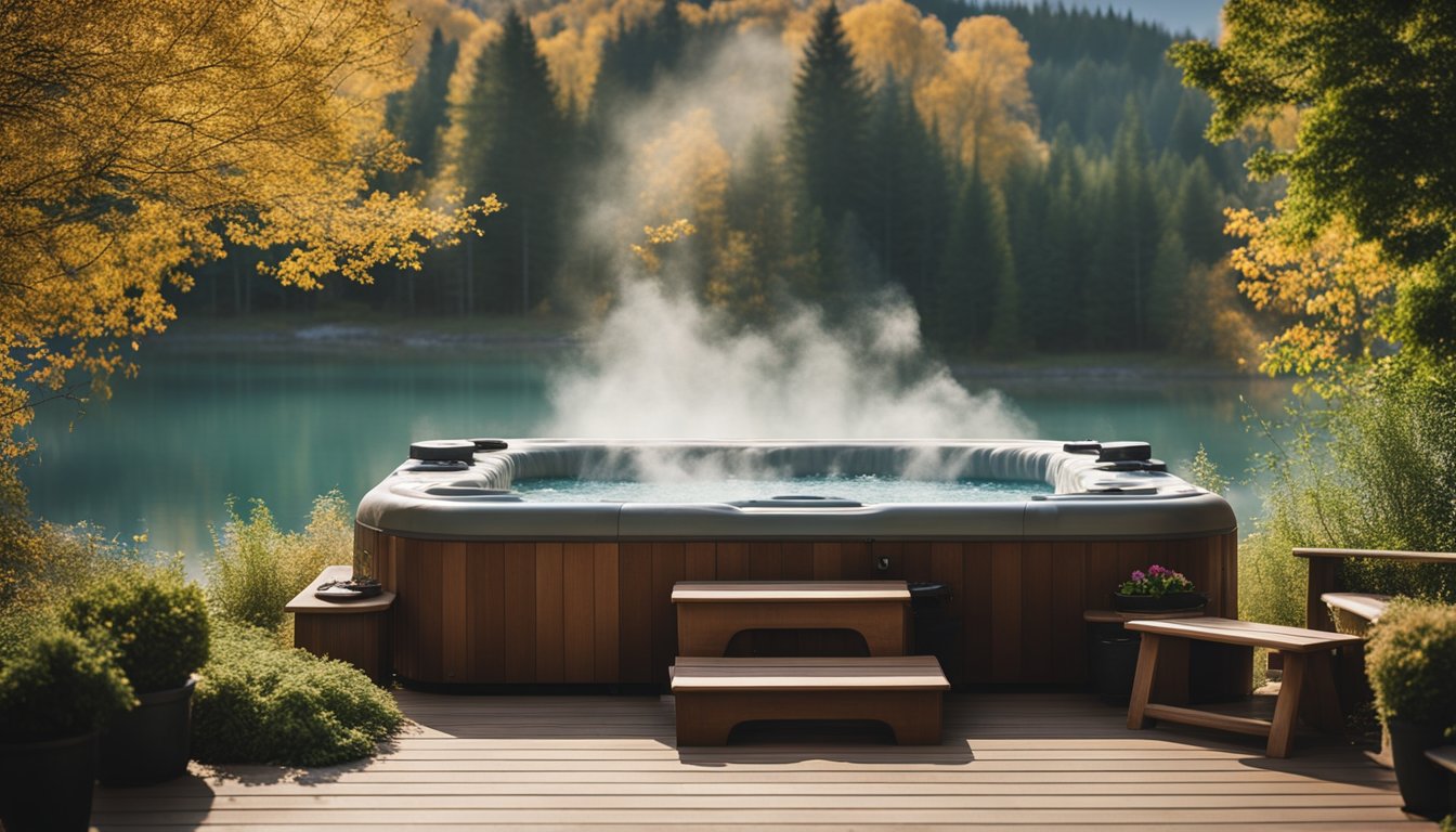 A hot tub set against a backdrop of changing seasons, with steam rising from the water. The temperature dial is adjusted to the optimal setting for each season, surrounded by lush greenery or snow-covered landscape