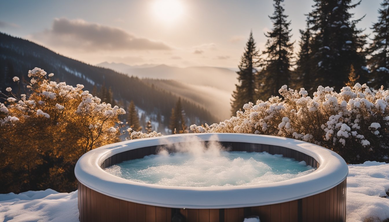 A hot tub with steam rising, set against a backdrop of changing seasons - a snow-covered landscape, blossoming flowers, and falling leaves