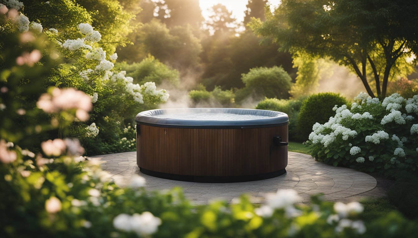 A hot tub sits in a serene backyard setting, surrounded by lush greenery and blooming flowers. Steam rises from the bubbling water, creating a sense of relaxation and tranquility