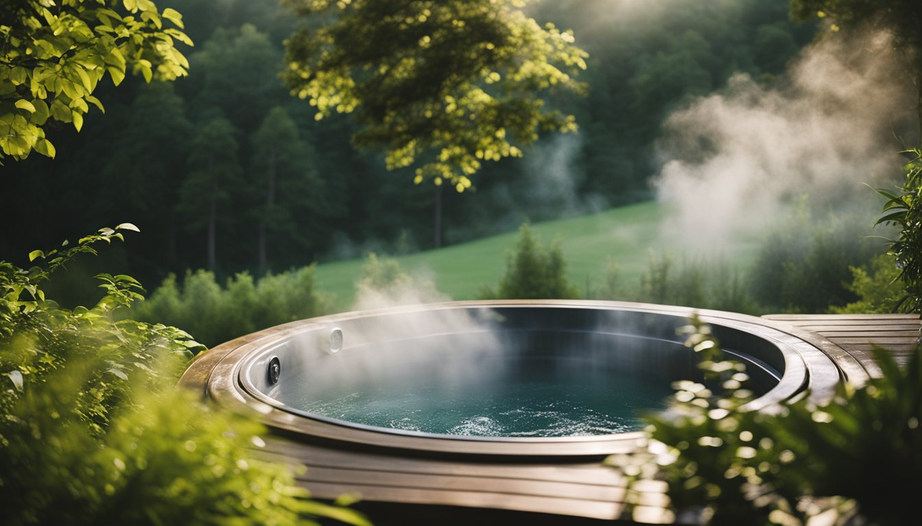 A serene outdoor hot tub nestled among lush greenery, steam rising from the bubbling water, surrounded by peaceful nature, evoking a sense of relaxation and stress relief