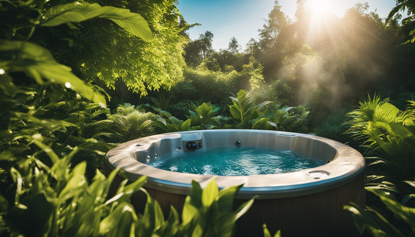 A well-maintained hot tub surrounded by lush greenery, with clear water and bubbling jets, under a bright blue sky