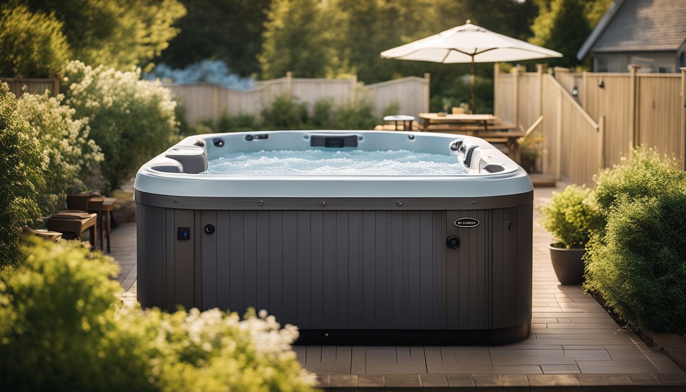 A hot tub surrounded by a protective cover, cleaned filters, and proper chemical balance, with a nearby maintenance kit and clear instructions