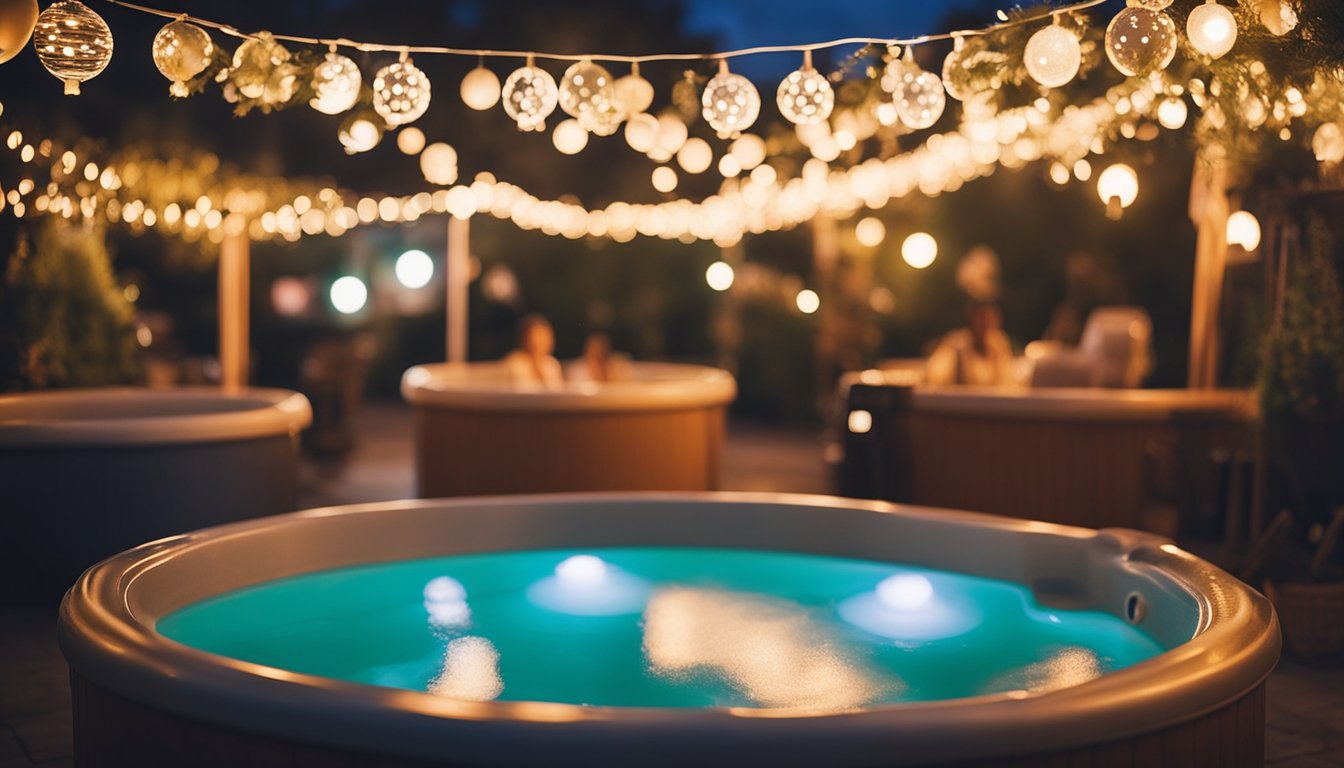 A group of colorful, bubbly hot tubs surrounded by festive decorations and inviting signage, with steam rising into the night sky