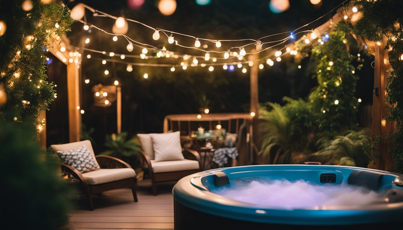 A hot tub sits in a lush backyard, surrounded by twinkling string lights and colorful decorations. Steam rises from the water, creating a cozy and inviting atmosphere for a fun and relaxing party