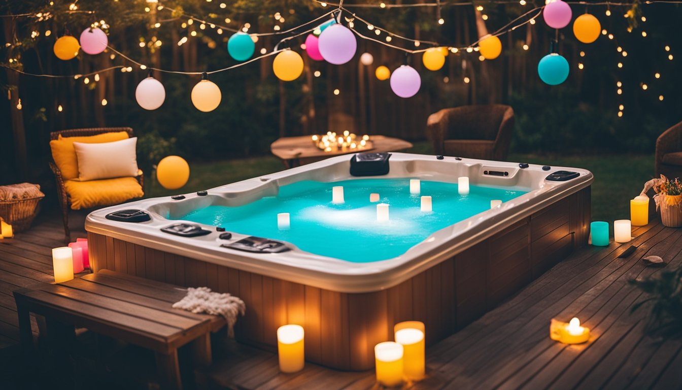 A hot tub surrounded by colorful decorations and inviting lights, with a table of creative party invitations and ideas