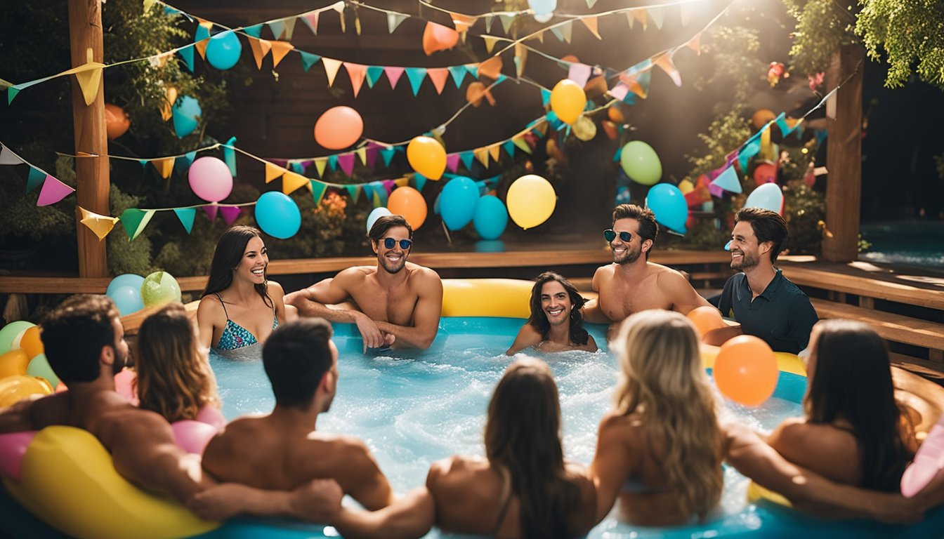 A group of friends relax in a hot tub, surrounded by colorful decorations and party favors. A sign reads "Frequently Asked Questions Creative Hot Tub Party Invitations And Ideas" in bold, playful lettering