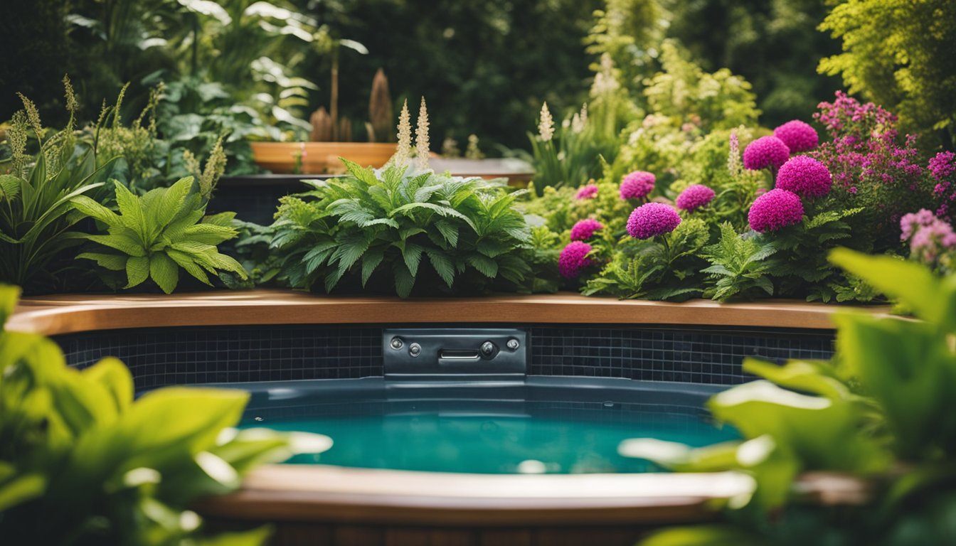 Vibrant plants surround a hot tub, adding pops of color to the garden. Lush greenery and bright flowers create a serene and inviting atmosphere