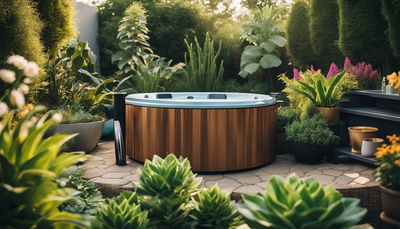 A hot tub is surrounded by vibrant plants, with structural additions and colorful accessories adding to the garden setup