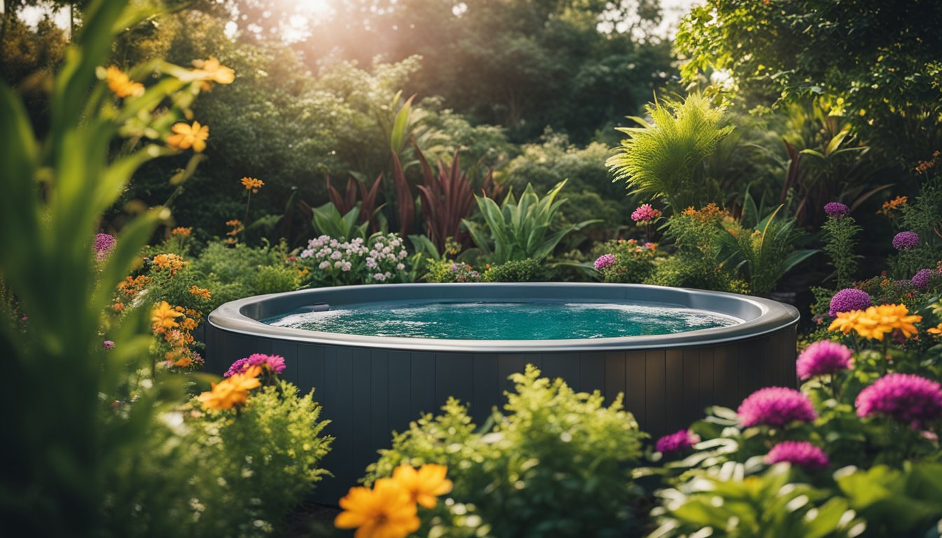 Vibrant plants surround a hot tub, adding color to the garden. A variety of foliage and flowers create a lively and inviting atmosphere