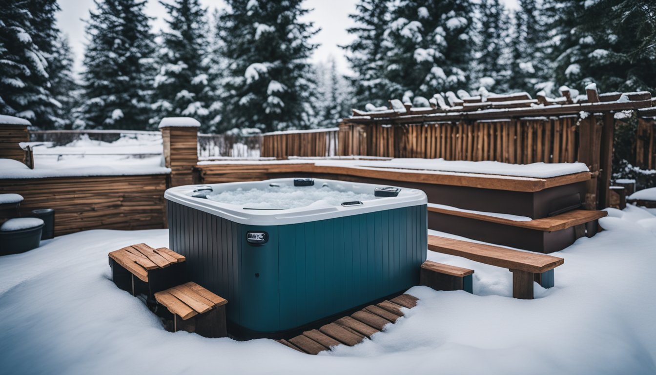 A garden hot tub sits covered in snow, with a sturdy insulated cover and a nearby stack of firewood for heating