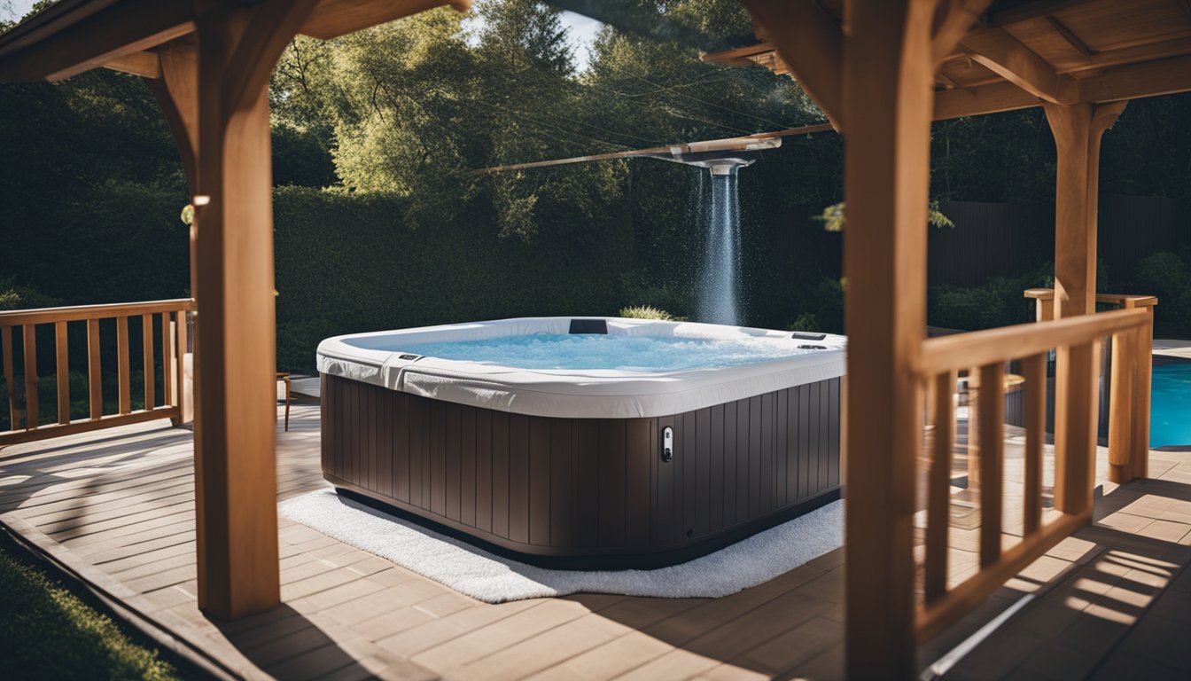 The hot tub cover is securely fastened, and a thermal blanket is laid on top. A protective winterizing chemical is added to the water, and the pump and pipes are drained to prevent freezing