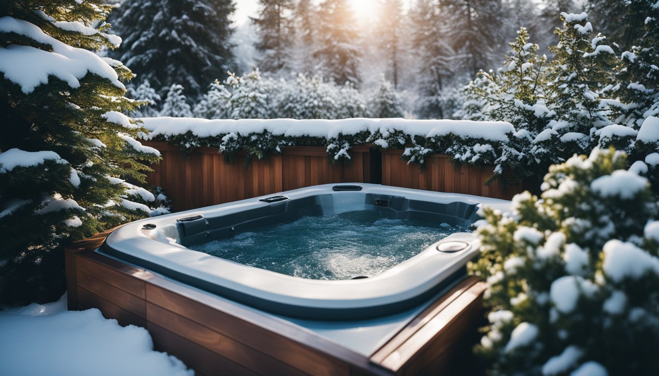 A garden with a hot tub surrounded by snow-covered plants, with a cover or insulation protecting the tub from winter weather