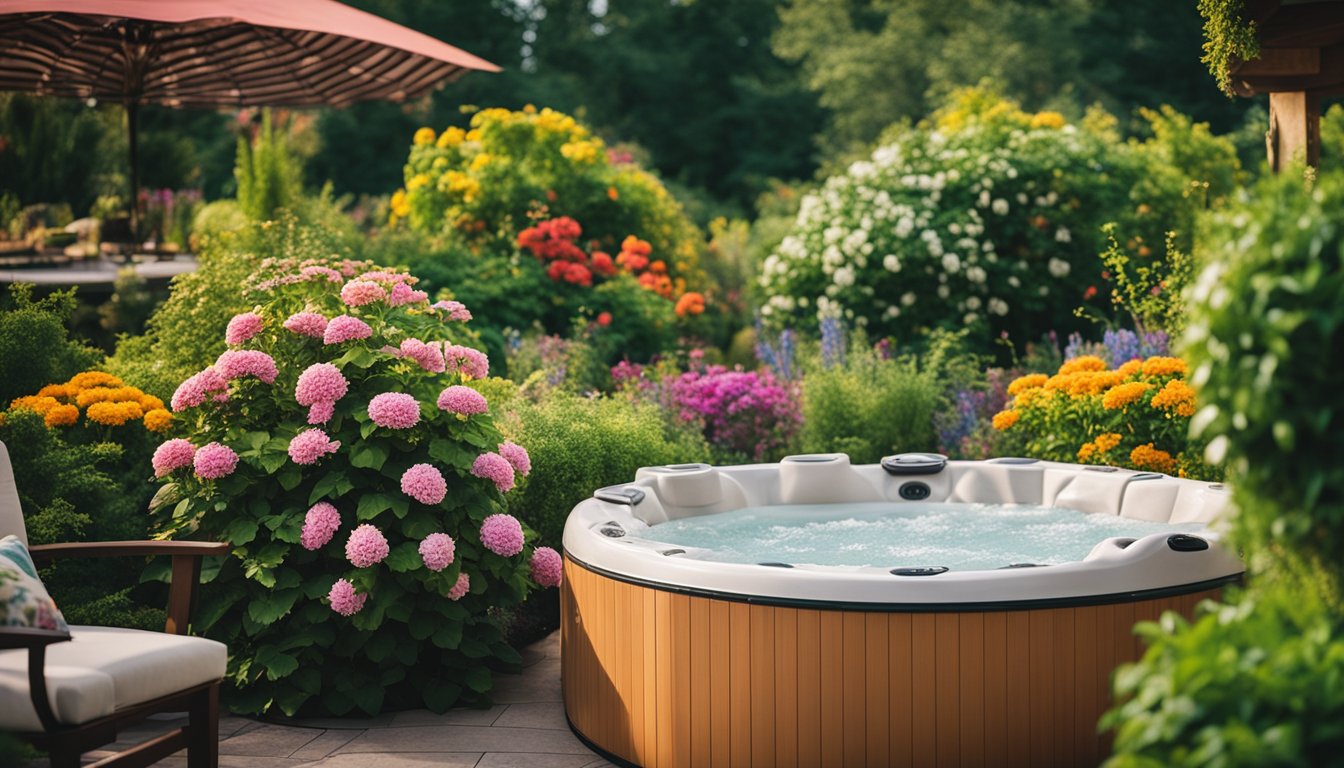 A garden hot tub surrounded by colorful, cushioned seating nestled amongst lush greenery and vibrant flowers