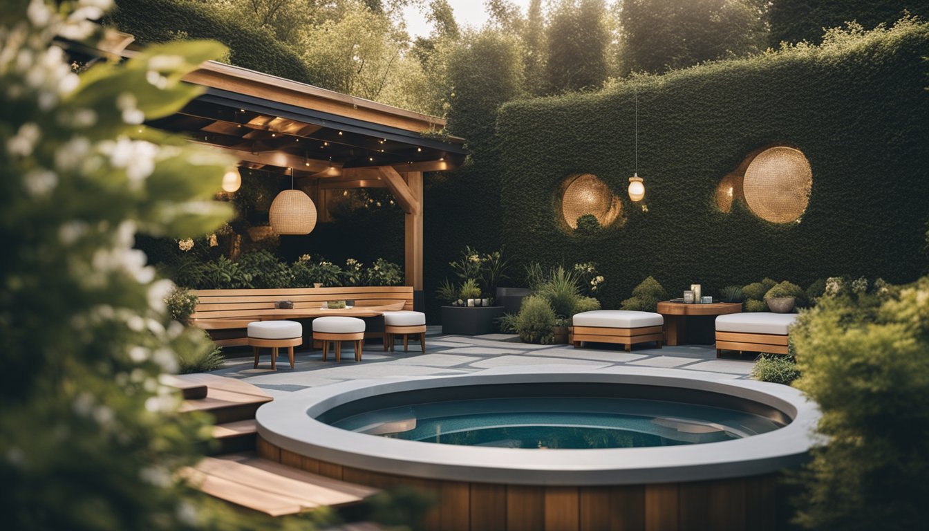 A garden with a hot tub surrounded by creative seating options like built-in benches, cozy nooks, and outdoor lounge chairs