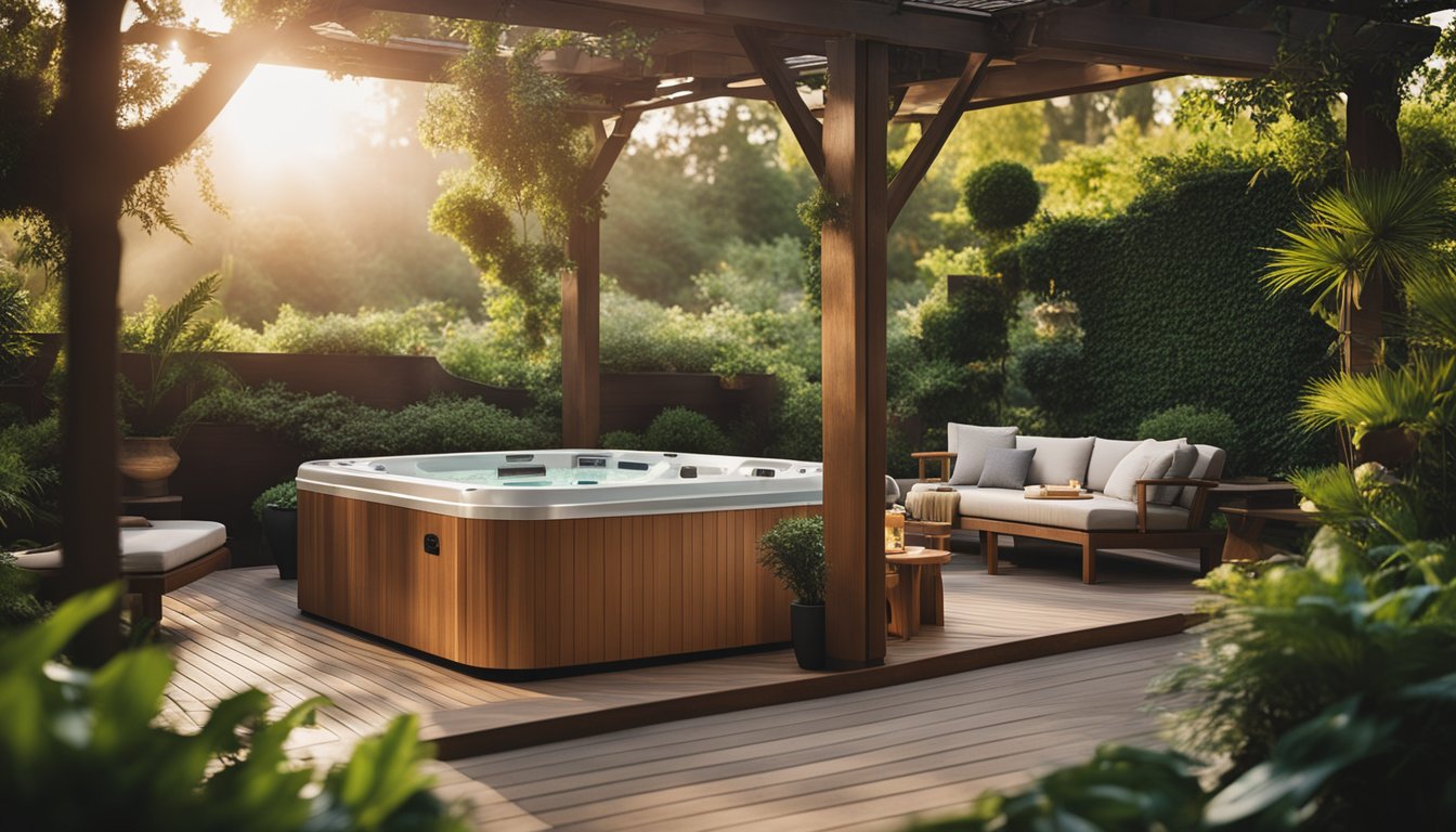 A garden hot tub with various seating options, such as built-in benches, adjustable stools, and reclining chairs, surrounded by lush greenery and ambient lighting