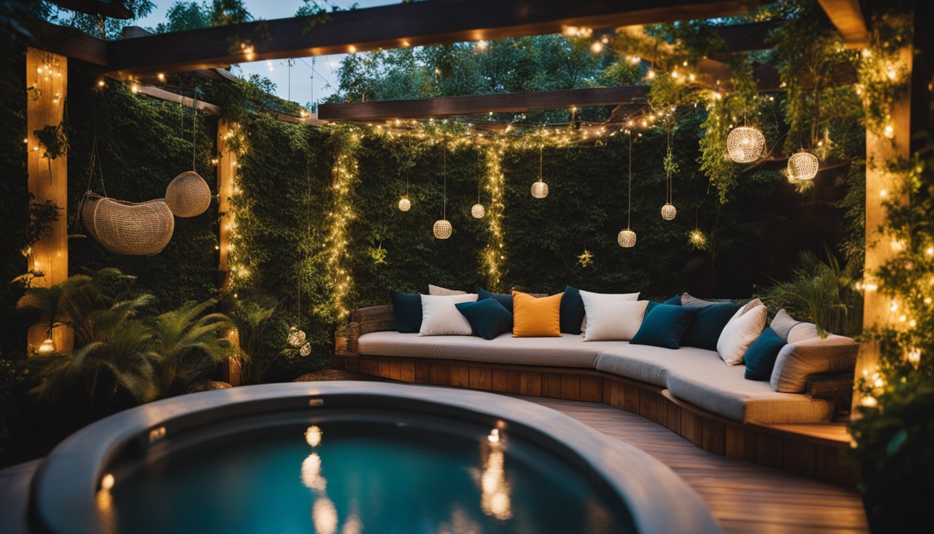 A garden hot tub surrounded by unique seating options: built-in benches, colorful cushions, and hanging swings. Lush greenery and twinkling lights create a cozy, inviting atmosphere